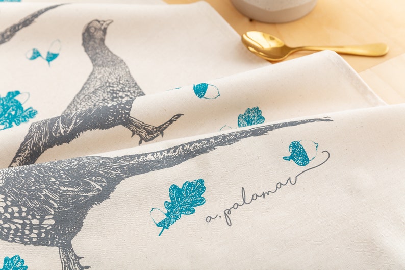 Pheasant Tea Towel Hand Screen Printed Pheasant & Acorn Cotton Towel image 4