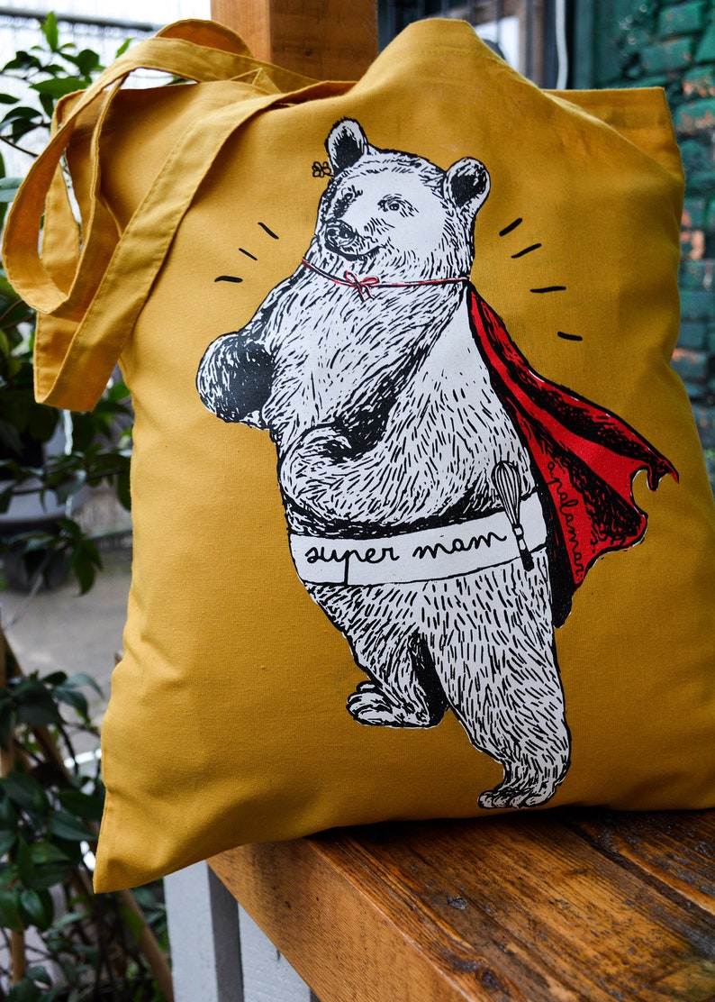 Mama Bear Bag /'Super Mam/' Silk Screen Printed Mustard Tote Bag