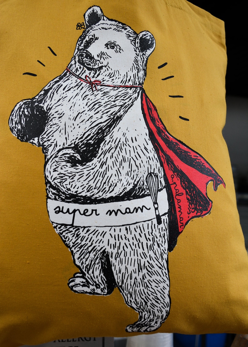 Mama Bear Bag /'Super Mam/' Silk Screen Printed Mustard Tote Bag