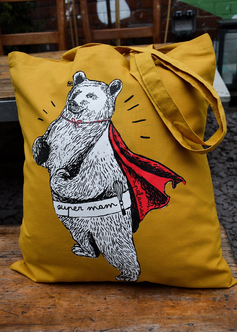 Mama Bear Bag /'Super Mam/' Silk Screen Printed Mustard Tote Bag