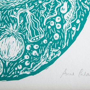 Woodland Fox Print Turquoise Green Original Silk Screen-Printed Illustration by Anna Palamar Print Only, No Frame