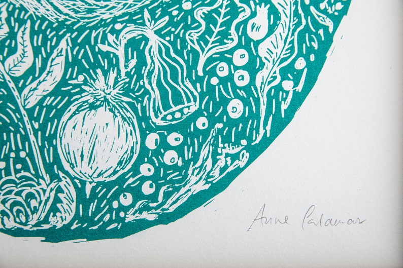 Woodland Fox Print Turquoise Green Original Silk Screen-Printed Illustration by Anna Palamar Print Only, No Frame