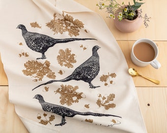 Pheasant Tea Towel Hand Screen Printed Pheasant & Acorn Cotton Towel