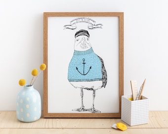 Seagull Screen Print 'Billy The Sea Dog' 2 Colour Wall Print