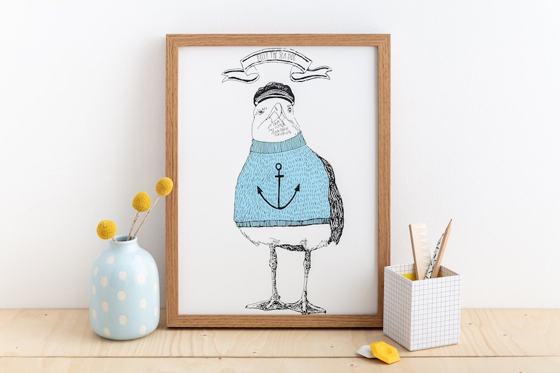 Seagull Screen Print 'Billy The Sea Dog' 2 Colour Wall Print With Frame