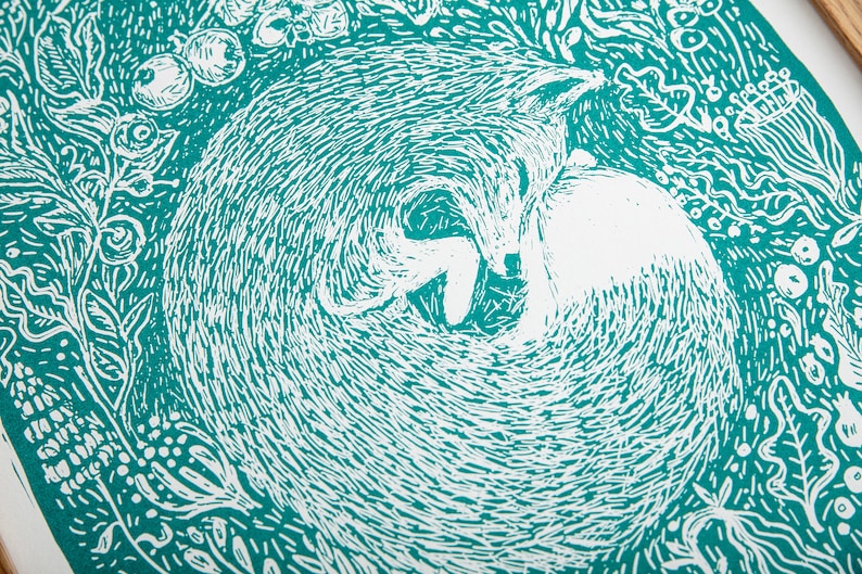 Woodland Fox Print Turquoise Green Original Silk Screen-Printed Illustration by Anna Palamar image 2