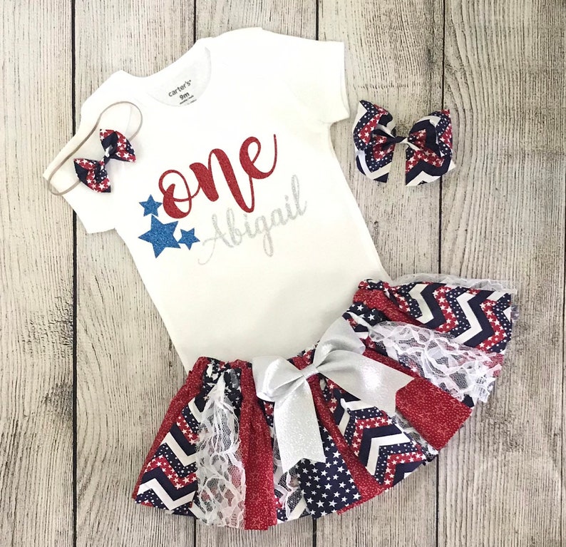 4th of July baby girl 1st Birthday outfit One Red white and Blue Patriotic Birthday girl first birthday Fabric Tutu July 4th skirt for baby