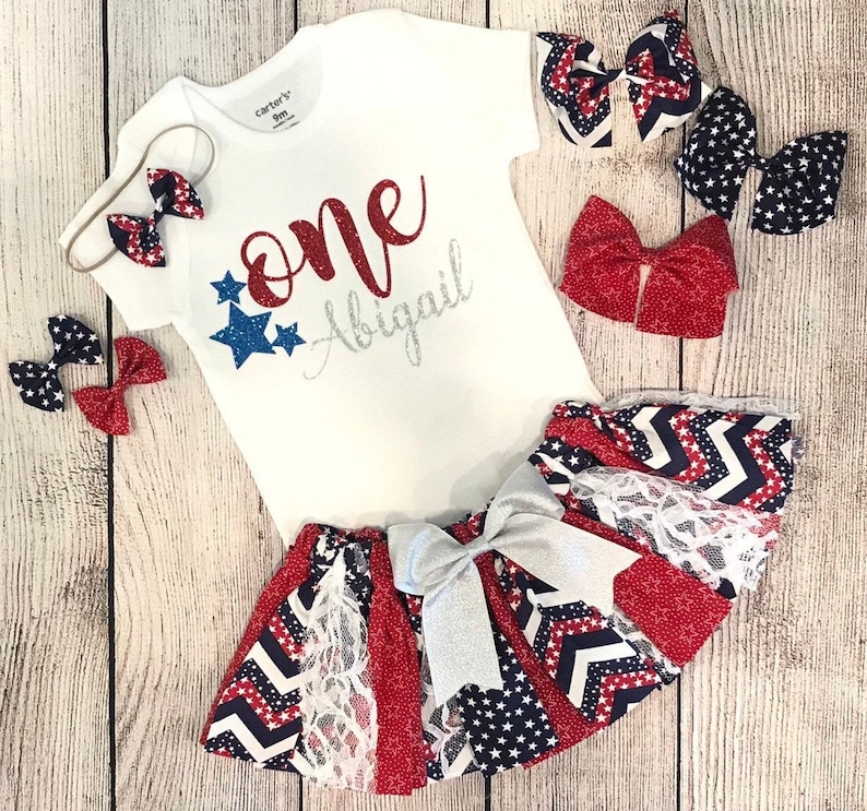 4th of July baby girl 1st Birthday outfit One Red white and Blue Patriotic Birthday girl first birthday Fabric Tutu July 4th skirt for baby
