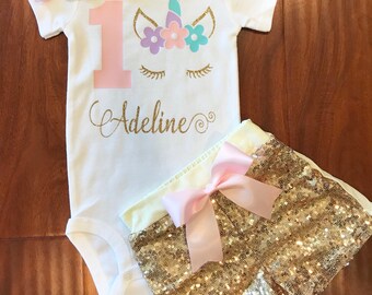 Unicorn Birthday Outfit - Birthday Unicorn - Baby Girl Unicorn Birthday - Pastel Unicorn Birthday - Birthday Gold Shorts - Unicorn Tutu