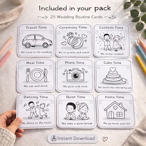 May include: A set of 25 wedding routine cards with illustrations and text. Each card features a different wedding activity, such as "Travel Time" with a car, "Ceremony Time" with rings, and "Cake Time" with a cake. The cards are black and white.