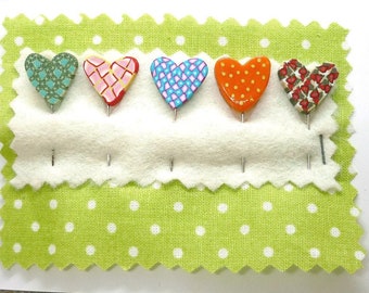Handmade Polymer Clay Heart Sewing Pins: Millefiori Quilting Notions (Set of 5)