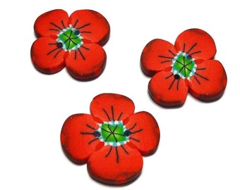Red Poppy Flower Buttons 2cm handmade for sewing crochet knitting embroidery, Set of 3 anemones in Polymer clay