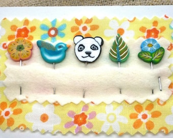 Handmade Polymer Clay Decorative Pins, Panda, Bird, Flower, Sewing, Quilting