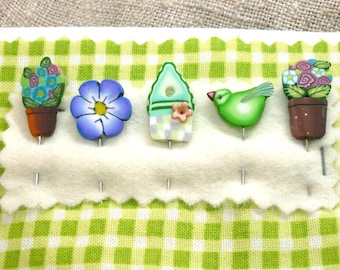 Handmade Polymer Clay Pincushion Pins: spring set with Bird, Birdhouse and Flowers