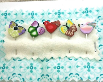 Handmade Polymer Clay Pins: Bird & Butterfly, Quilting Pincushion Set