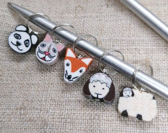 Cat Fox Sheep Panda Stitch Markers for Crochet Knitting notions, set of 5 animal stitch markers for knitting