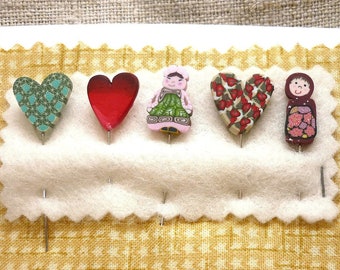 Decorative Pins for cushion Hearts and dolls pins, Embellishment Quilting pins, Gift for a quilter, pioneer woman gift idea