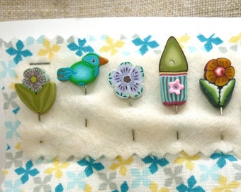 Decorative pins for Pincushion Bird Birdhouse flowers, Handmade marking Pins for Quilting Sewing