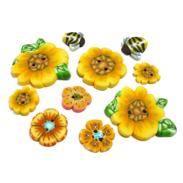 Handmade small BUTTONS Sunflowers Bees Set of 10 in Polymer Clay