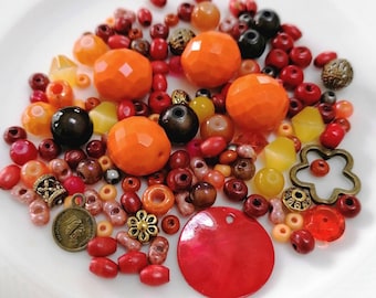 Orange Antique Brass Beads and Charms Lot, Jewelry Making Set