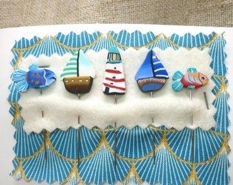 Nautical Decorative Pins for cushion with lighthouse Fish Sailboat Yacht,  handmade pins for Pincushion, gift for woman