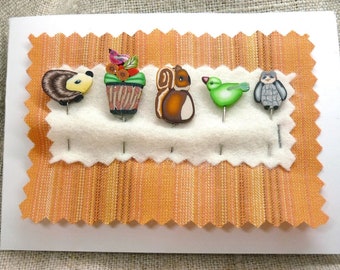 Handmade decorative pins for pincushions in polymer clay, Autumn Fall Decorative Pins, Squirrel Hedgehog Bird Owl Bird