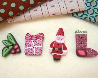 Handmade Christmas Polymer Clay Buttons: Santa, Stocking, Gift
