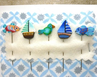 Nautical sewing Pins for Pincushion handmade Sailboat Fish Bird Decorative pins in polymer clay, straight pins