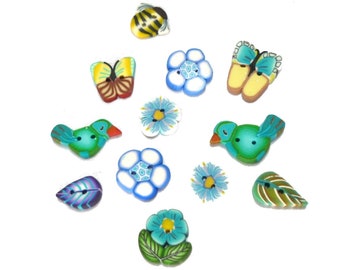 small buttons for cross stitch Handmade miniature Blue Bird Bee Flower Butterfly Set of 12 handmade in Polymer Clay