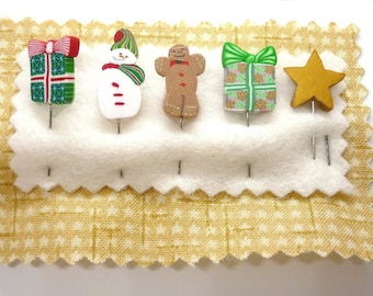 Christmas Pins: Handmade Polymer Clay Gingerbread, Snowman, Star - Set of 5