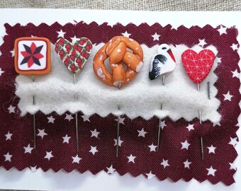 Pincushion Pins set Handmade in Polymer Clay : Alsace Hearts, Stork, Pretzel