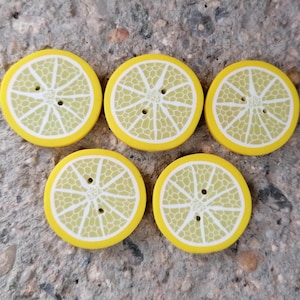 Handgjorda knappar av citronskivor: Polymerlera, citrusfrukter, 27 mm, set om 5