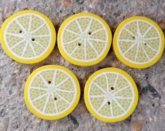 Handmade Lemon Slice Buttons: Polymer Clay Citrus Fruit, 27mm Set of 5