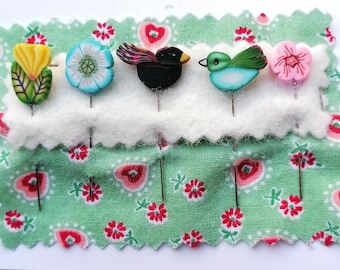 Handmade Polymer Clay Pincushion Pins: Bird & Flower on straight Pins