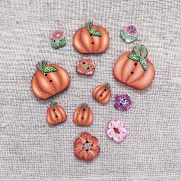 Bouton citrouille serti de fleurs pour Halloween et automne au point de croix, Boutons faits main en pâte polymère pour tricot couture