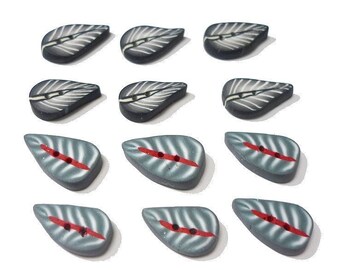 Handmade Polymer Clay Leaf Buttons: Grey, Black & Red (Set of 12)