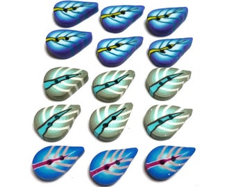 Handmade Polymer Clay Leaf Buttons: Blue & Teal, Set of 15