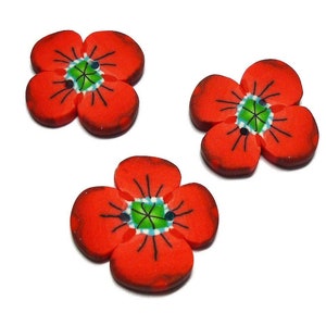Boutons fleur de pavot rouge 2 cm faits main pour coudre au crochet, broderie, lot de 3 anémones en argile polymère