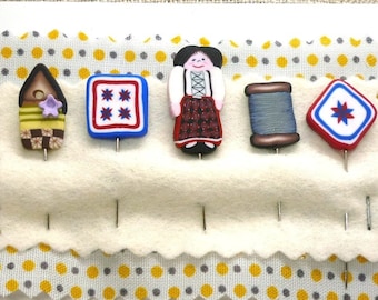 Handmade Polymer Clay Decorative Pins: Country Quilting Straight Pins