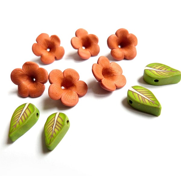 Tulip flower beads - Petunia beads, Flower Leaf - Handmade Beads set of 10 Terracotta orange and green earrings beads- Head pin beads