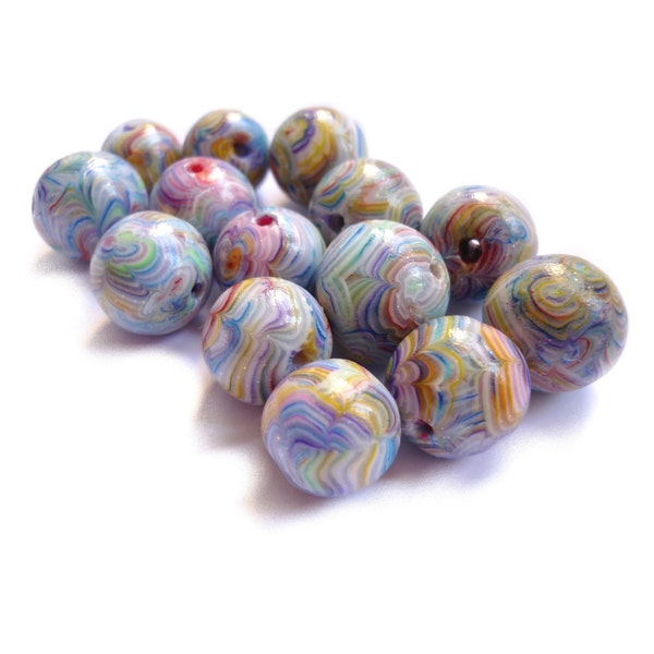 handmade Rainbow BEADS mix color - Set of 14 - chunky beads - blue green yellow pink purple - polymer clay