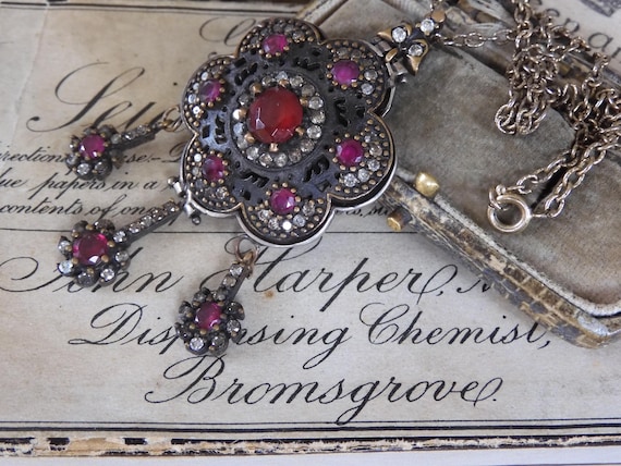 Antique Victorian Ruby Paste Floral Pendant: Ster… - image 1