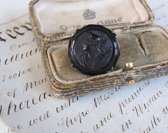 Victorian Whitby Jet Cameo Brooch: Hand Carved Sterling Silver