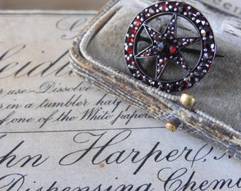 Stunning Antique Victorian GARNET Star Brooch on sterling silver rose gold gilt setting