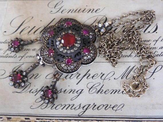 Antique Victorian Ruby Paste Floral Pendant: Ster… - image 6