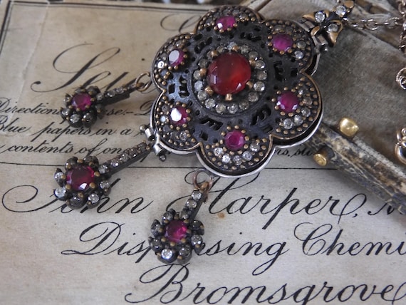 Antique Victorian Ruby Paste Floral Pendant: Ster… - image 2