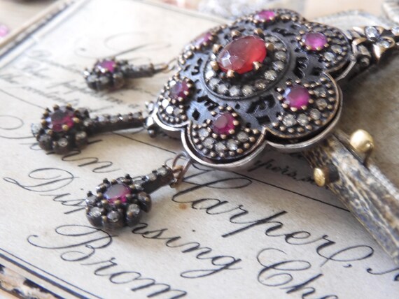 Antique Victorian Ruby Paste Floral Pendant: Ster… - image 4