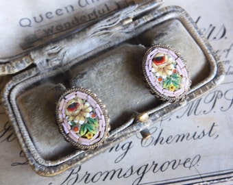 Gorgeous Art Deco PINK Italian Micro Mosaic Floral Clip On Earrings