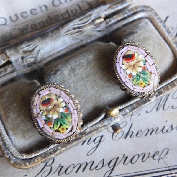 Gorgeous Art Deco PINK Italian Micro Mosaic Floral Clip On Earrings