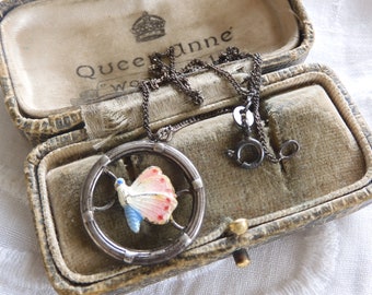 Pretty Art Deco Sterling Silver Enamel BUTTERFLY Pendant & CHain